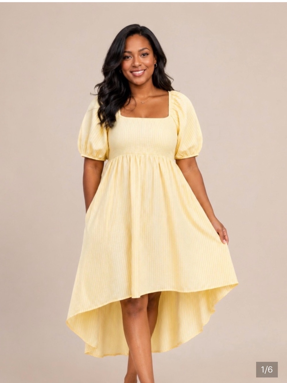 Joe Fresh Pale Yellow Square-Neck High-Low Puff Sleeve Dress